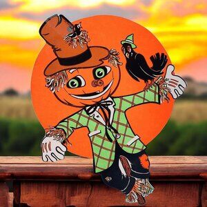 Beistle Halloween Scarecrow Diecut Wall Decoration 1960s Made In USA v1 Art